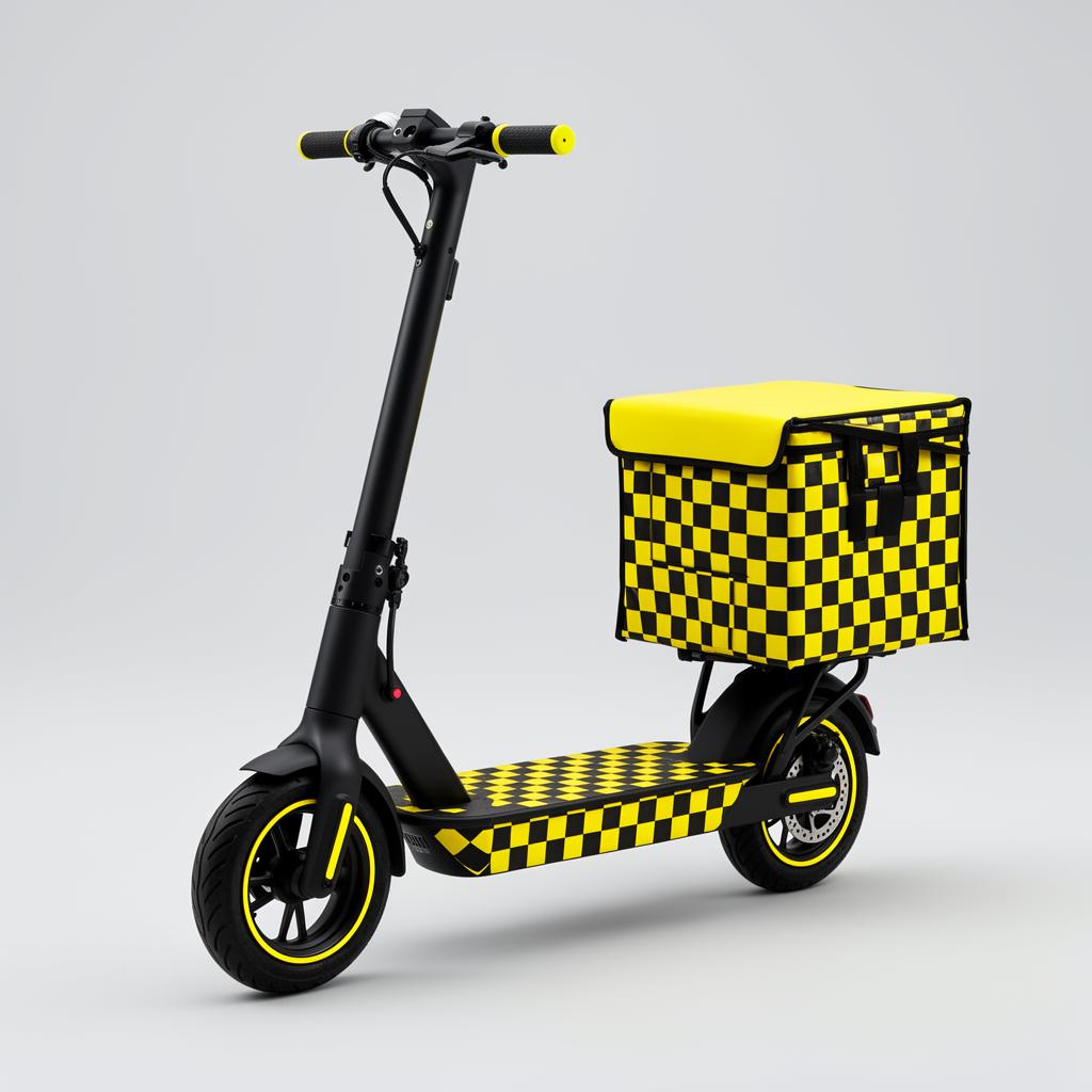 Schwarzer Elektro-Scooter mit gelb-schwarz kariertem Akzent